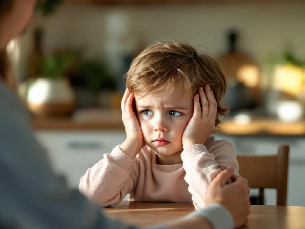 Kind met hoofdpijn zittend aan keukentafel terwijl ouder ondersteunend hand op schouder legt in warme ochtendlicht