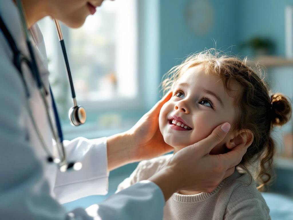 Kinderarts onderzoekt voorzichtig de slapen van een jong kind tijdens medisch consult in rustige kliniek