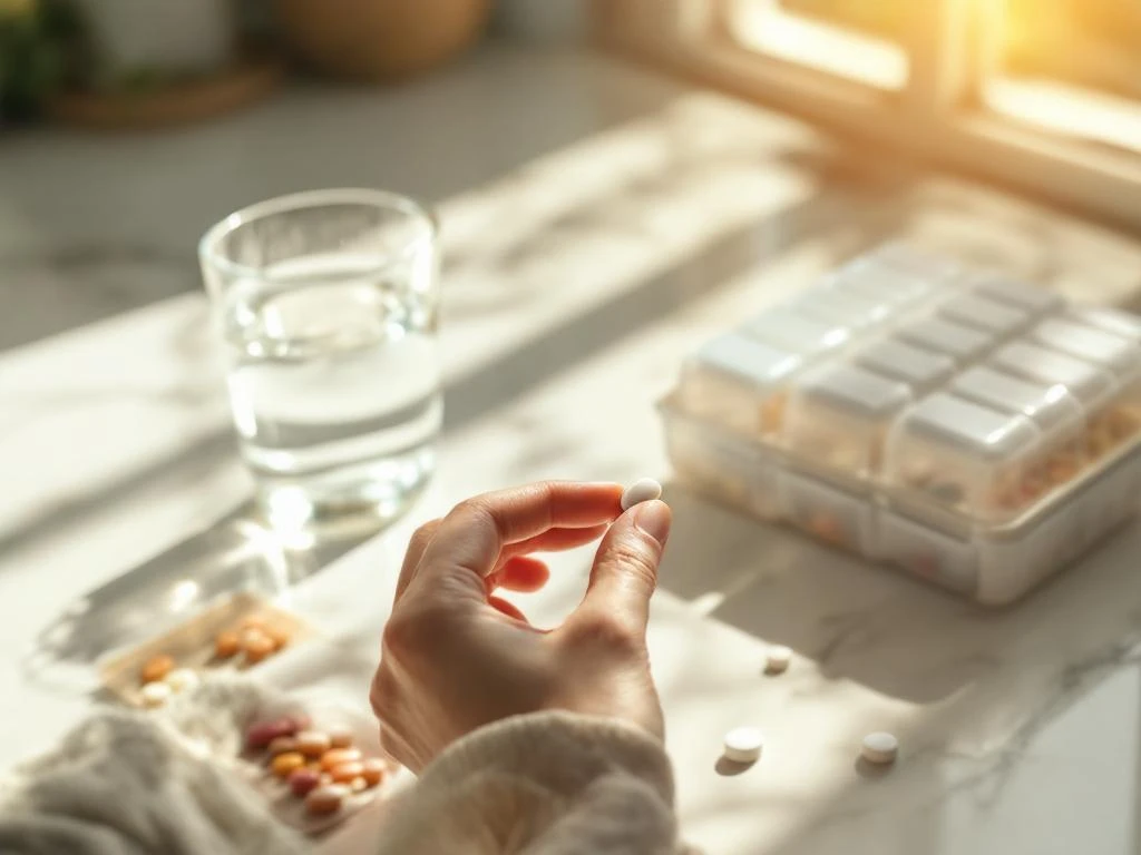 Vrouw houdt witte medicijnpil vast naast glas water en pillendoosje op marmeren aanrecht in ochtendlicht