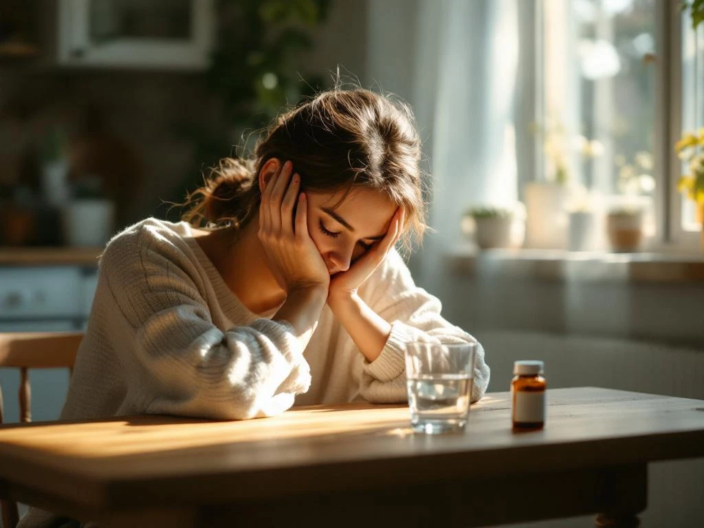 Persoon zit ontspannen aan keukentafel met hoofd in handen, glas water en medicijnflesje nabij in zacht ochtendlicht