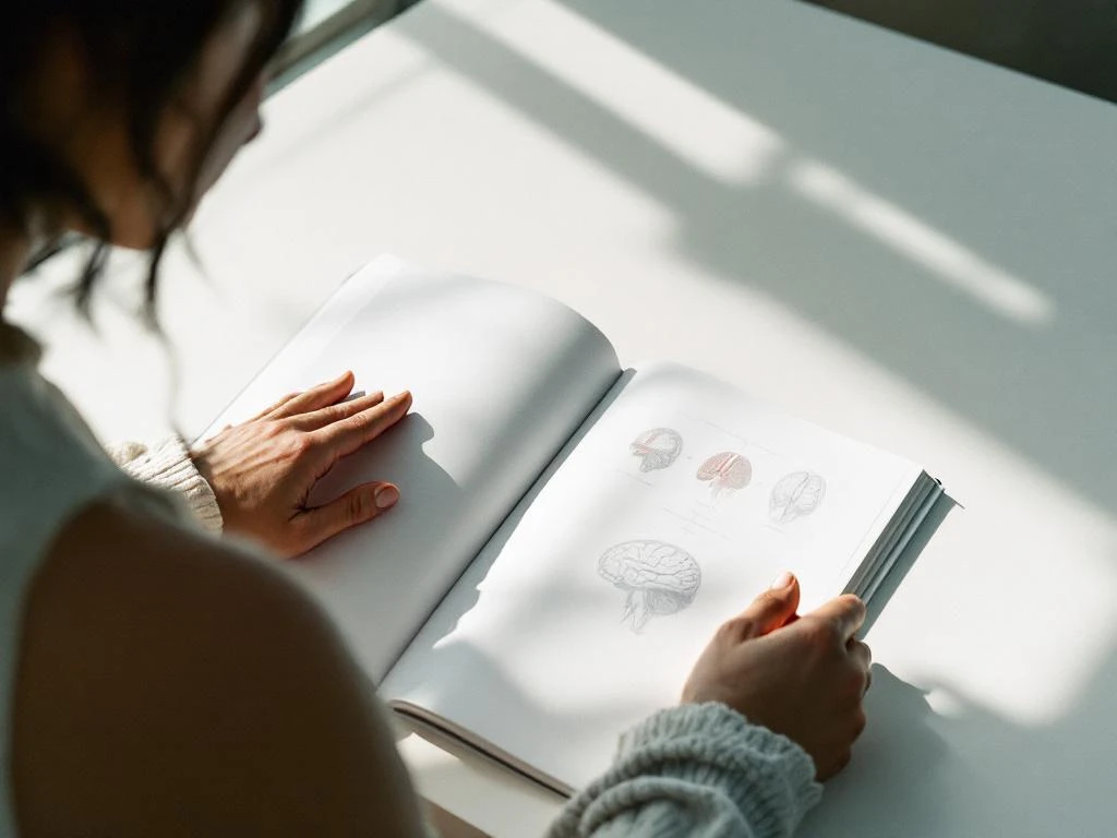Persoon bestudeert medisch tijdschrift met hersenanatomie diagrammen aan wit bureau bij natuurlijk licht