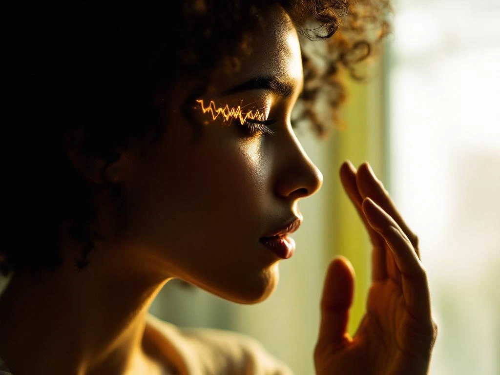 Persoon in profiel met hand tegen slaap, ervaart migraine aura met zigzag lichtpatronen, zachte natuurlijke belichting