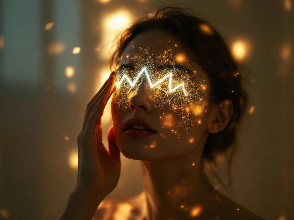 Persoon met hand aan slaap, omringd door prismatische zigzagpatronen die visuele migraine-aura simuleren