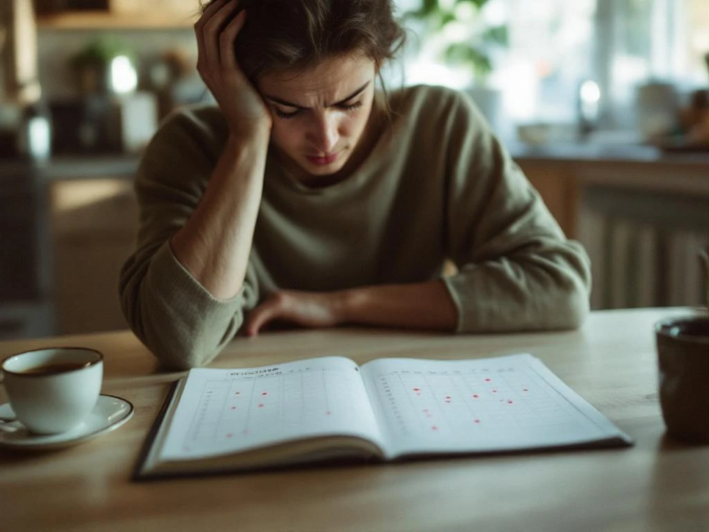 Persoon houdt hoofd vast terwijl hij migraine dagboek bekijkt met rode stippen die hoofdpijnaanvallen markeren