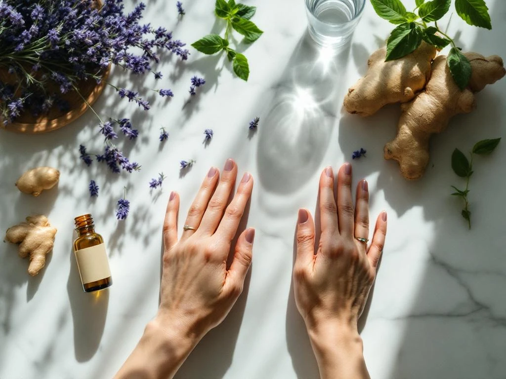 Vrouw masseert slapen omringd door natuurlijke migraine remedies zoals lavendel, gember en pepermunt op marmeren oppervlak