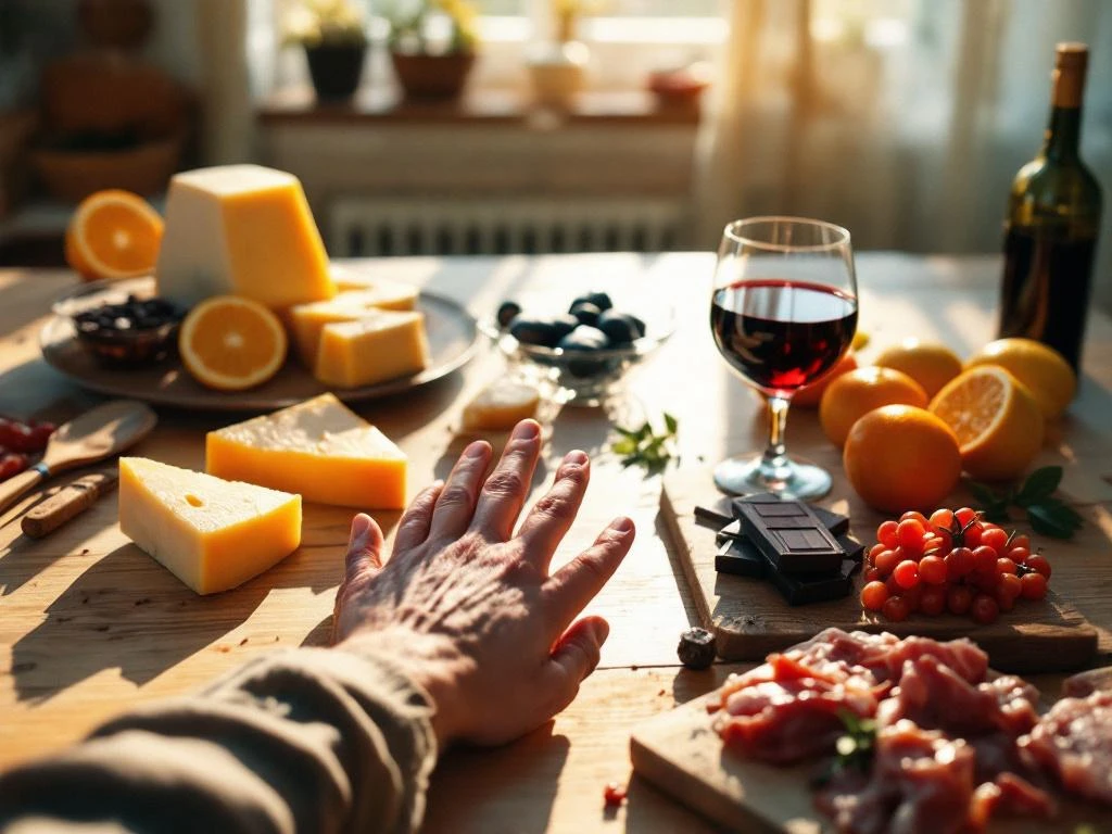 Persoon houdt hand tegen slaap bij keukentafel met migraine-triggerende voedingsmiddelen zoals kaas, chocolade en rode wijn