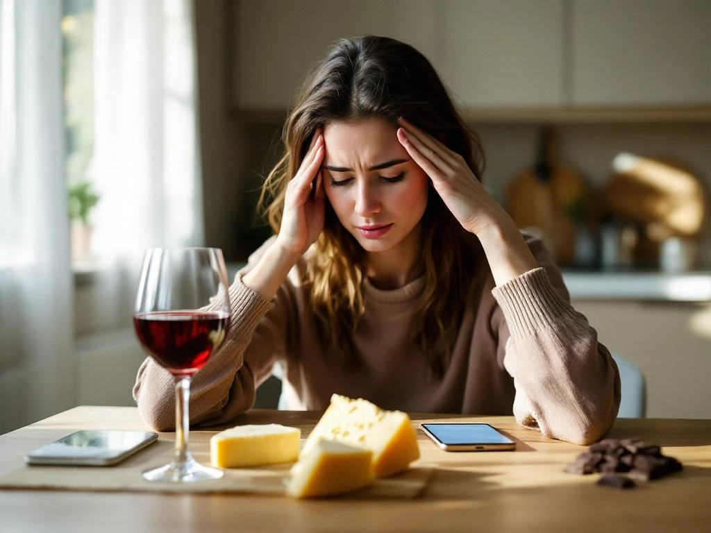 Vrouw met hoofdpijn zit aan keukentafel omringd door migraine triggers zoals rode wijn, kaas en chocolade