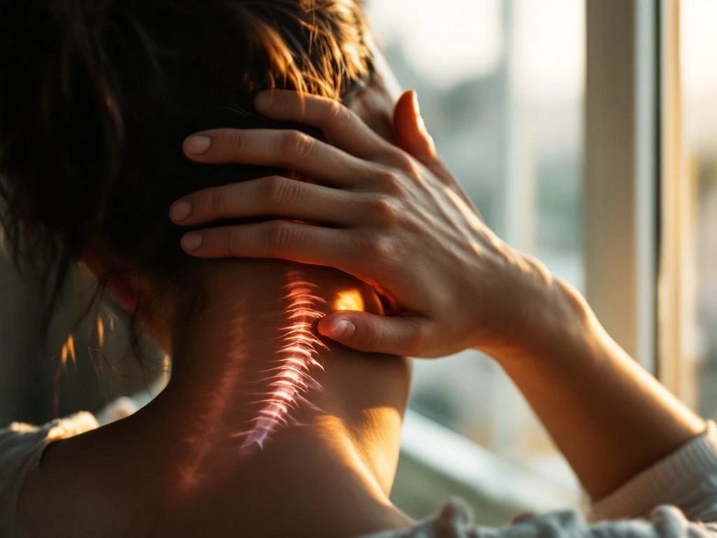Persoon raakt pijnlijke nek aan met gefronste uitdrukking, cervicale wervelkolom zichtbaar door huid in warm licht