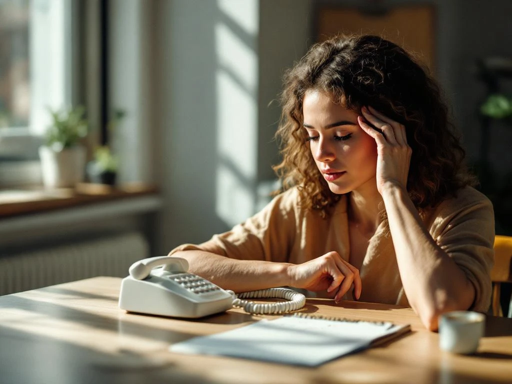 Persoon aan bureau houdt hoofd vast terwijl hij telefoon pakt, agenda met doktersafspraak open, natuurlijk licht
