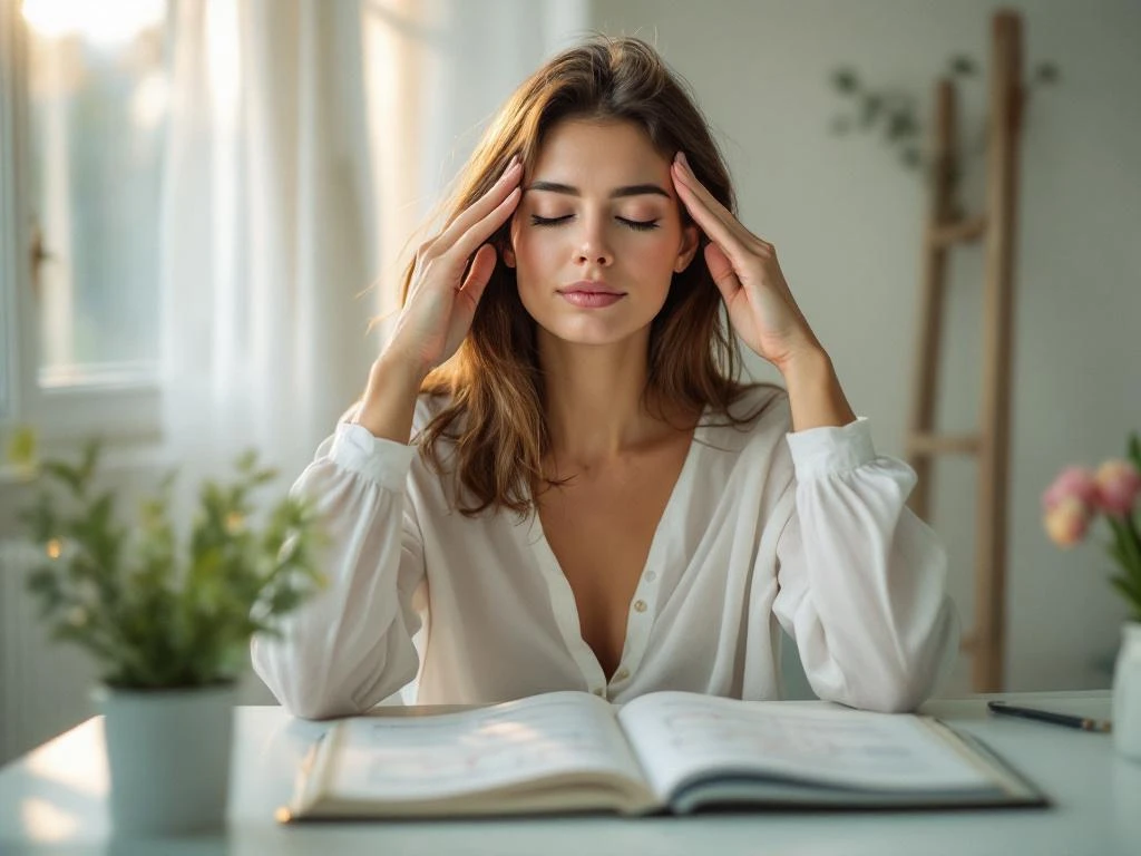 Vrouw houdt vingers tegen slapen terwijl ze medisch tijdschrift over hormonen leest aan wit bureau bij raam