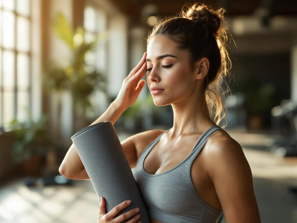 Vrouw in sportkleding masseert slaap terwijl ze yogamat vasthoudt in moderne sportschool met natuurlijk licht