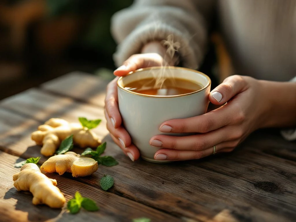 Vrouw houdt dampende mok kruidenthee vast met verse gember en munt op houten tafel in warm ochtendlicht