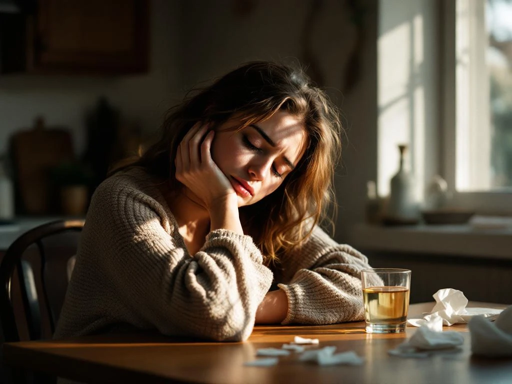 Vrouw met hoofdpijn zit aan keukentafel met hoofd in hand, tissues en waterglas nabij in ochtendlicht
