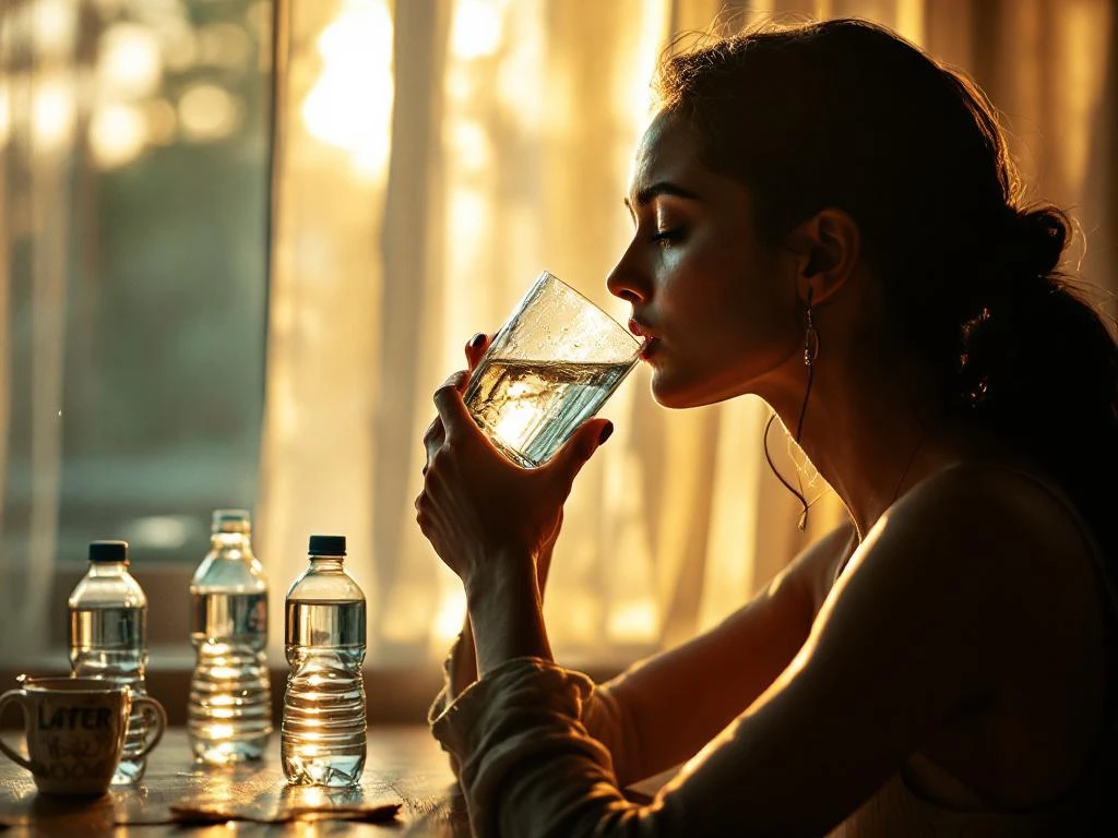 Vrouw in profiel houdt glas water tegen voorhoofd, toont verlichting tijdens het drinken in warm natuurlijk licht