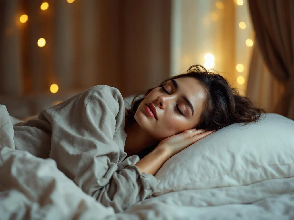 Vrouw ligt ontspannen op haar zij met gesloten ogen en hand tegen slaap op wit kussen in warm verlichte slaapkamer