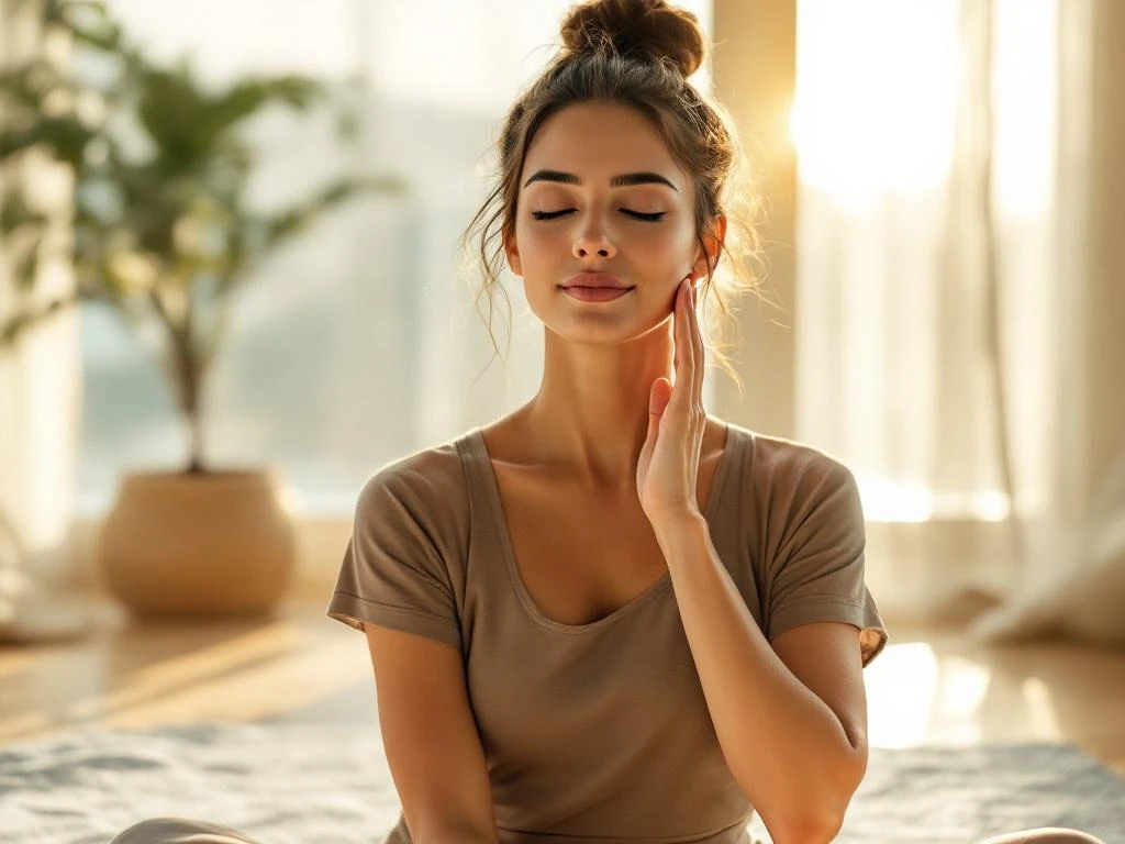 Vrouw in yogakleding mediteert rustig op yogamat met hand tegen slaap, natuurlijk licht door gordijnen