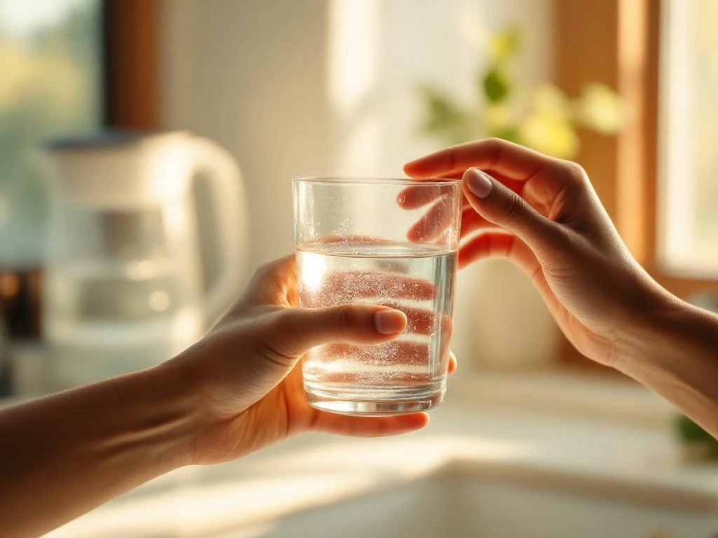 Persoon houdt glas water vast en raakt slaap aan in gebaar van verlichting, keukenachtergrond met waterkan