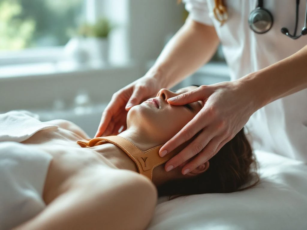 Chiropractor positioneert Y-strap apparaat op patiënt liggend op behandeltafel in medische praktijk