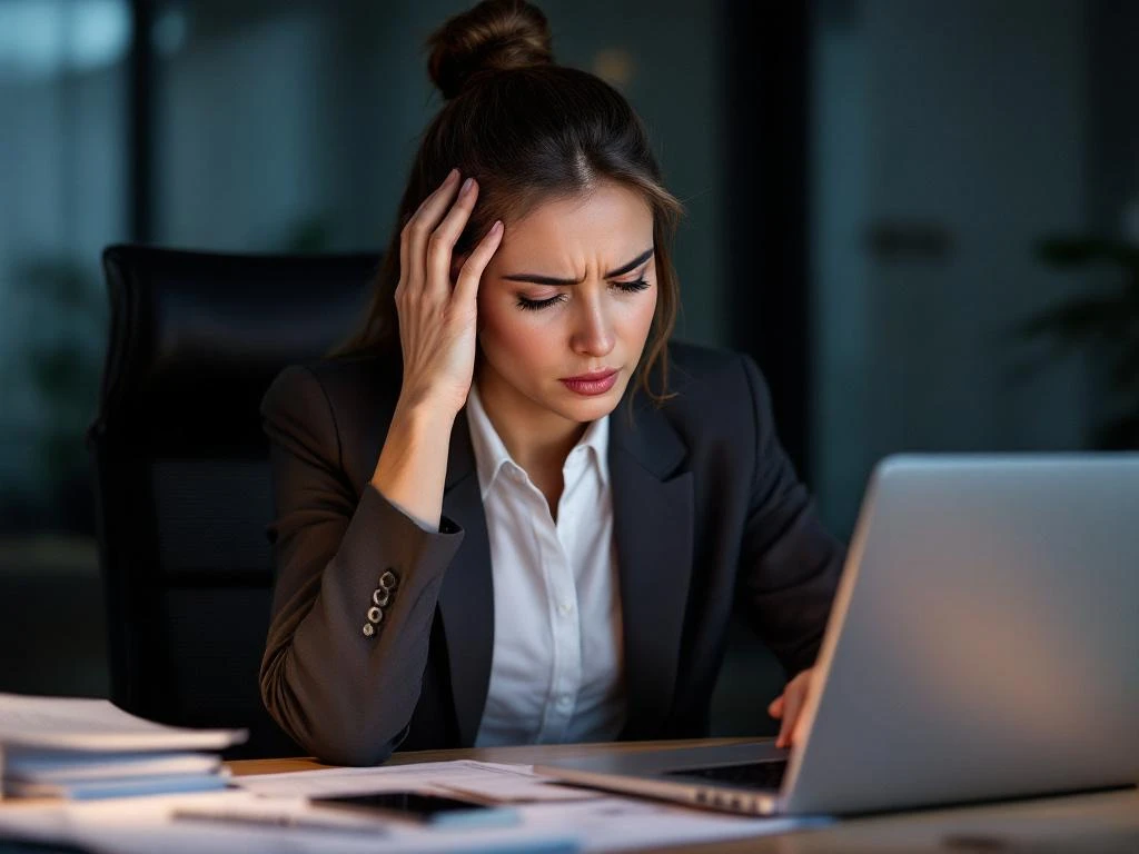 Professionele vrouw met hoofdpijn aan bureau met laptop en documenten in modern kantoor