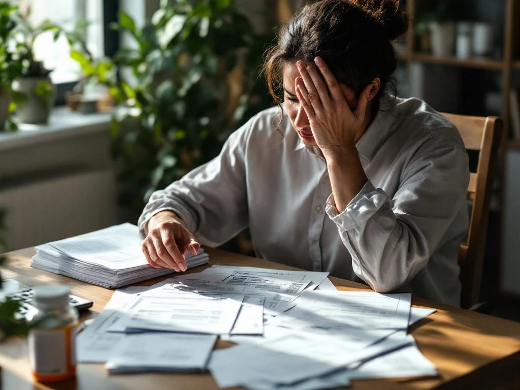 Persoon aan bureau houdt hoofd vast terwijl hij medische rekeningen bekijkt, met medicijnen en rekenmachine erbij