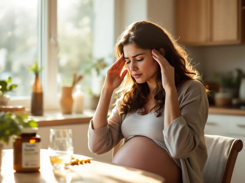Zwangere vrouw houdt hoofd vast wegens hoofdpijn, zittend aan keukentafel met water en prenatale vitamines