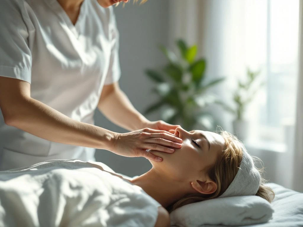 Medische professional voert craniosacrale therapie uit op ontspannen patiënt in rustige behandelkamer