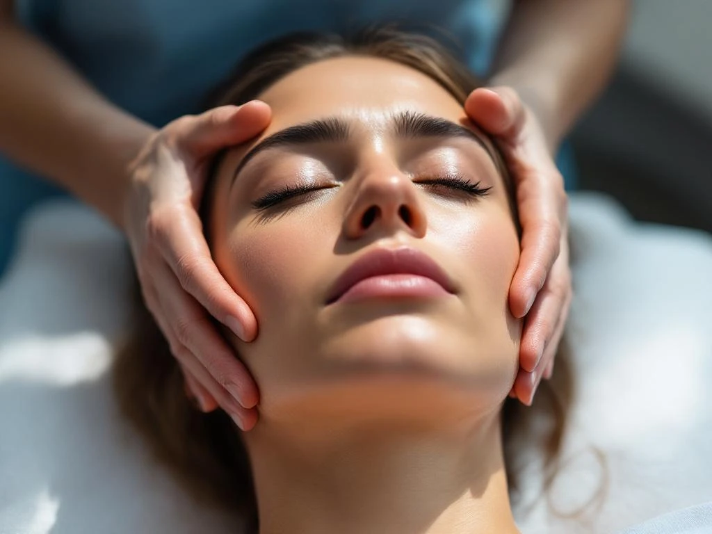 Medisch professional voert craniosacrale therapie uit op ontspannen patiënt in klinische behandelkamer