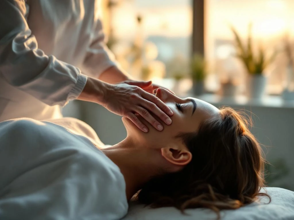 Medisch specialist voert craniale gezichtstherapie uit op patiënt in moderne behandelkamer met zachte verlichting