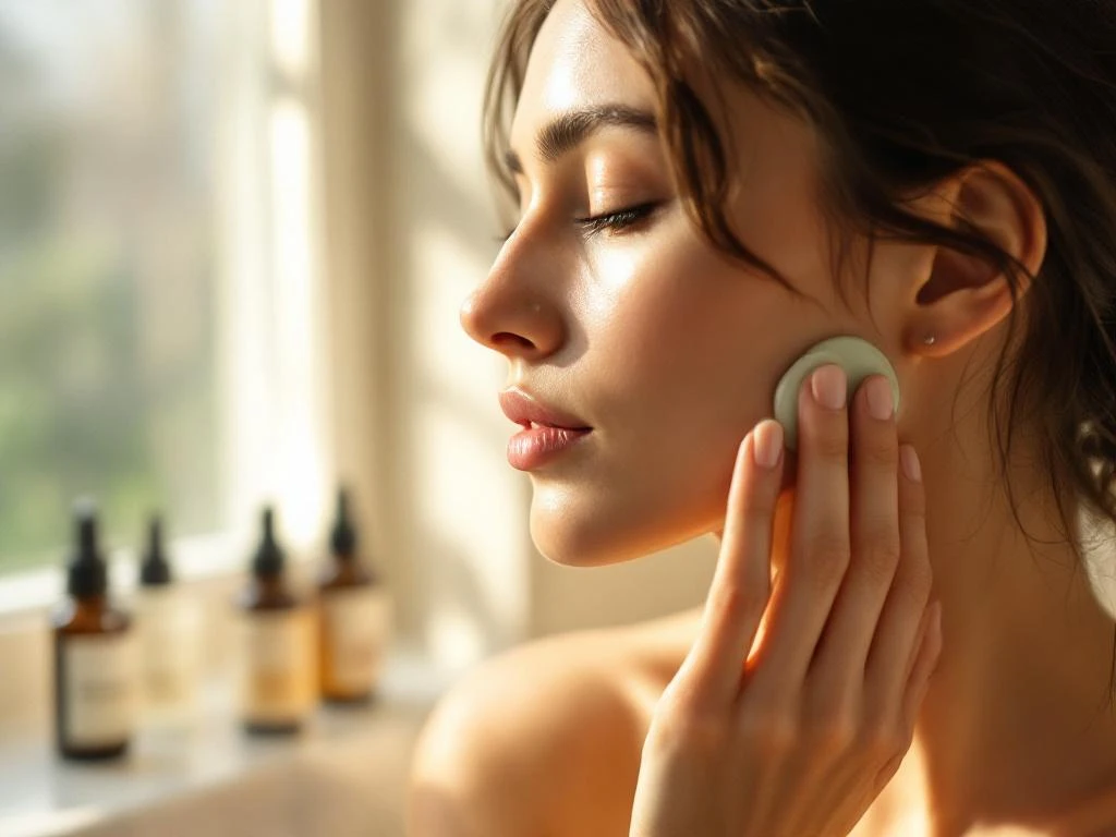 Vrouw in profiel houdt jade gua sha tool bij wang, zachte ochtendlicht, serums op marmeren blad op achtergrond