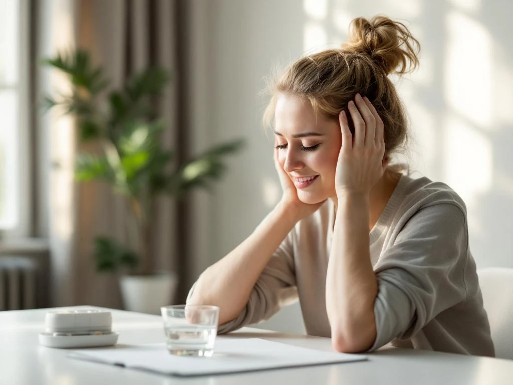 Persoon houdt hoofd vast terwijl zittend aan bureau met pillenorganizer en water, toont opluchting in zachte ochtendlicht
