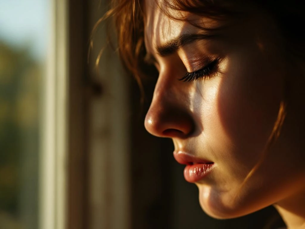 Persoon in profiel met hand tegen slaap, ogen gesloten, toont hoofdpijn of stress in natuurlijk licht