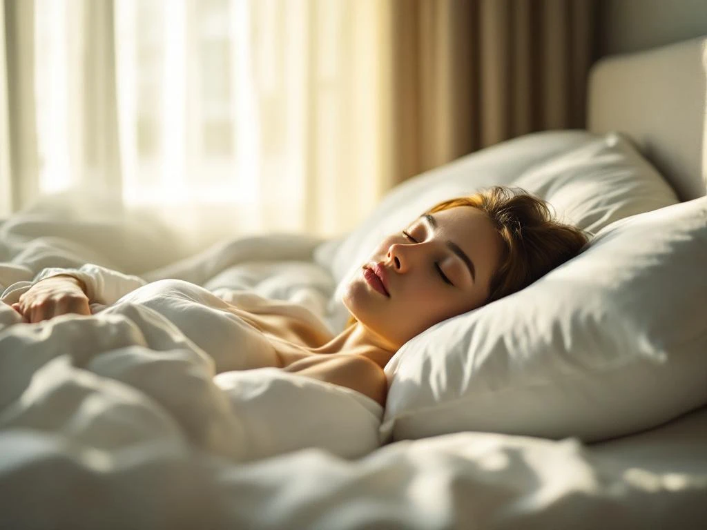 Persoon slaapt vredig op zij in bed met zachte kussens, warme ochtendlicht door gordijnen, ontspannen gezichtsuitdrukking