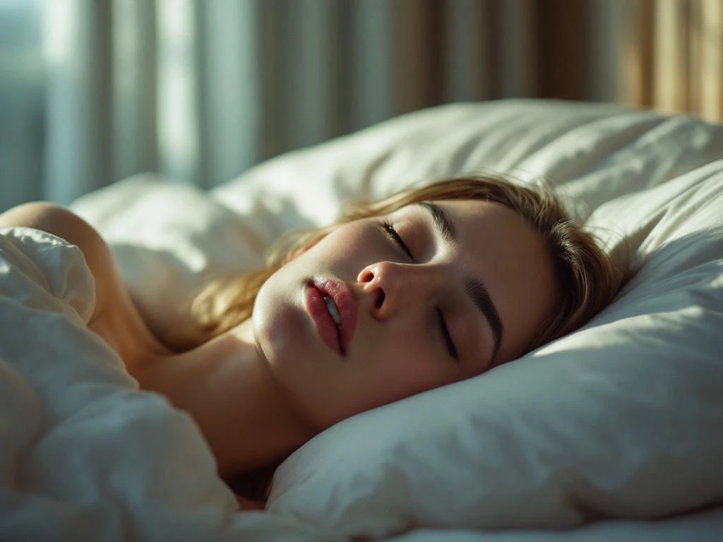 Persoon slaapt vredig op zij in bed met maanlicht door gordijnen, witte kussensloop en lakens, close-up van gezicht