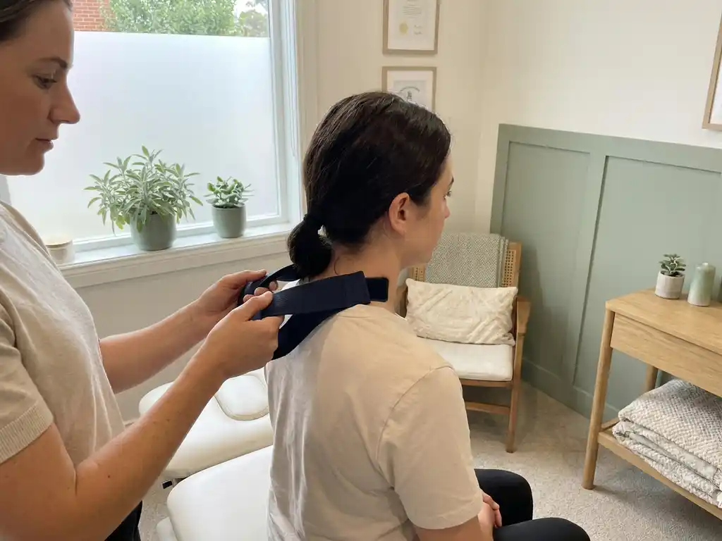 Chiropractor die een Y-strap apparaat aanbrengt op de nek van een zittende patiënt op een behandeltafel in een rustige praktijk.