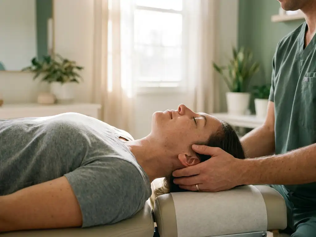 Ontspannen patiënt op behandeltafel terwijl chiropractor de nek ondersteunt in een rustige, professionele kliniek.