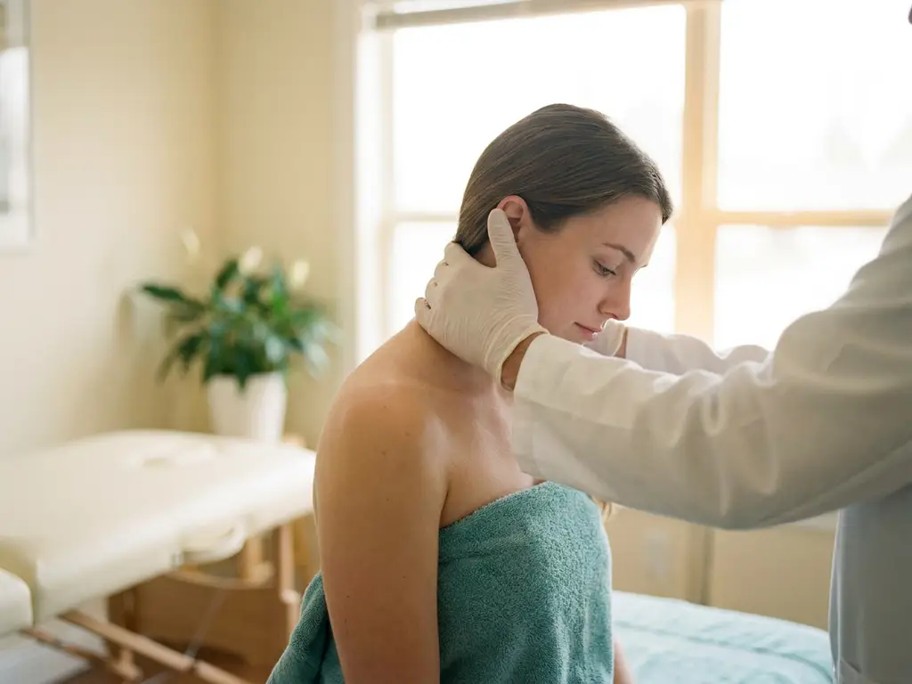 Chiropractor die met beide handen een nekbehandeling uitvoert op een ontspannen patiënt in een witte behandelkamer.