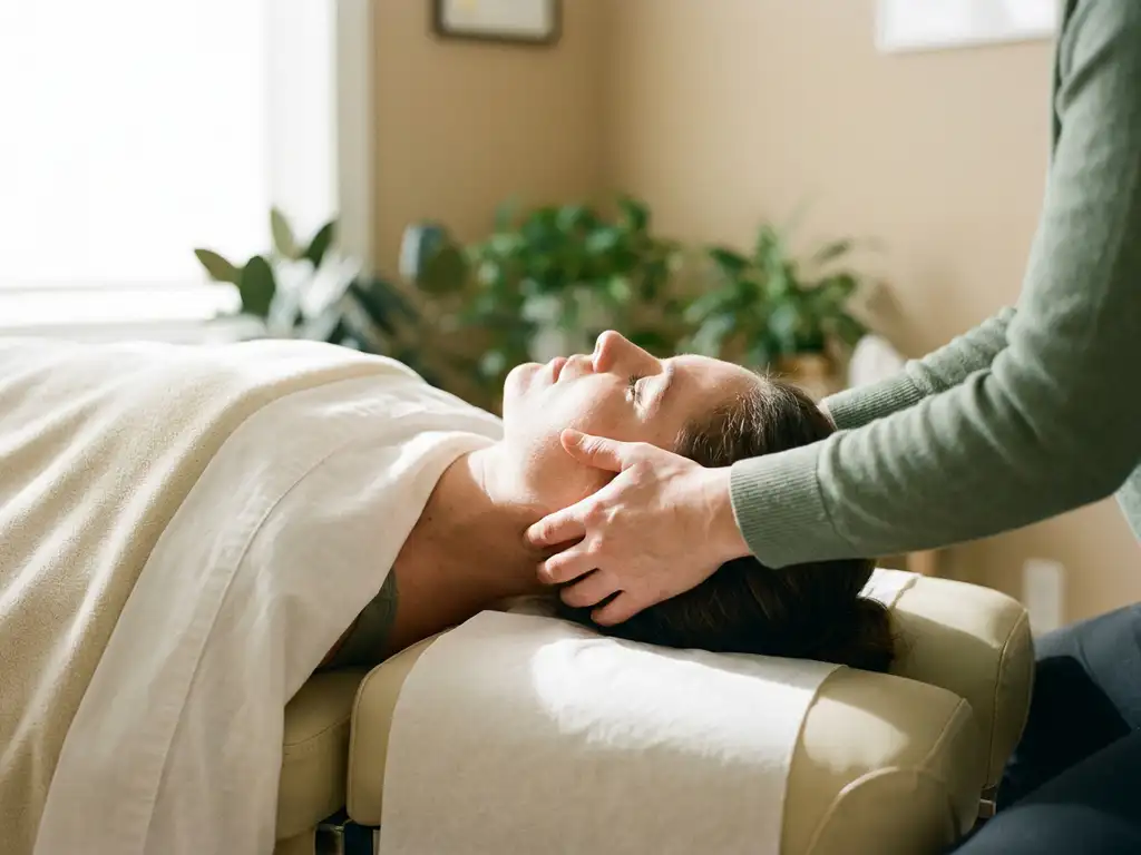 Chiropractor die de nek van een patiënt ondersteunt op een behandeltafel, zachte verlichting en klinische omgeving.