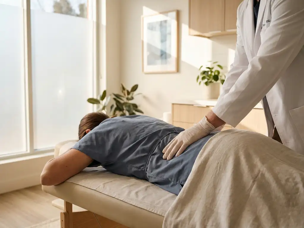 Chiropractor die een lumbale wervelkolomaanpassing uitvoert bij een ontspannen patiënt op een behandeltafel in een moderne kliniek.