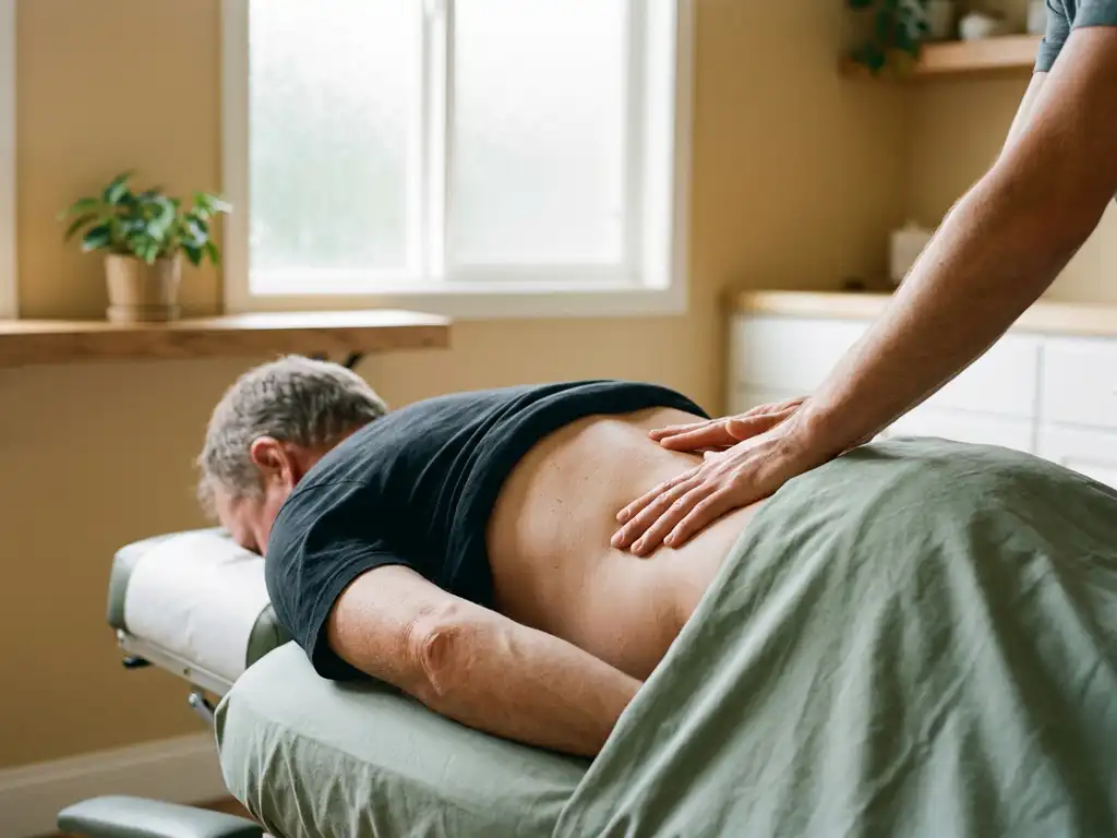 Chiropractor past lage rugwervel aan van patiënt liggend op behandeltafel, zachte natuurlijke belichting in rustige klinische omgeving.
