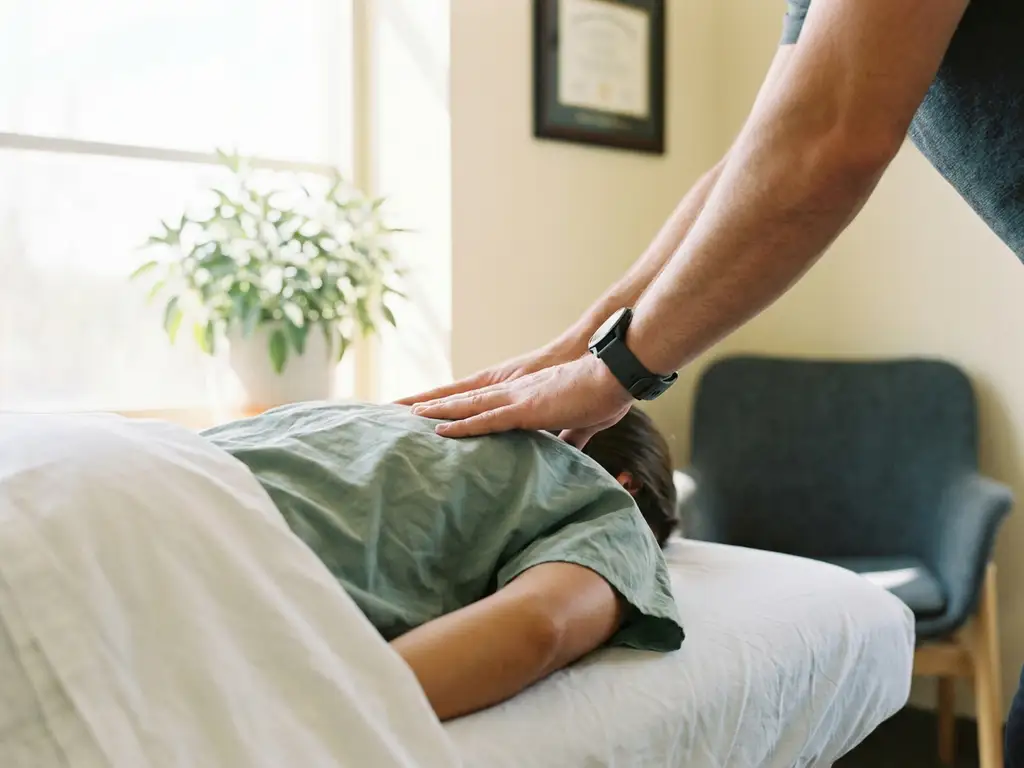Chiropractor voert wervelkolommanipulatie uit op patiënt die op behandeltafel ligt, rustige klinische omgeving met natuurlijk licht.