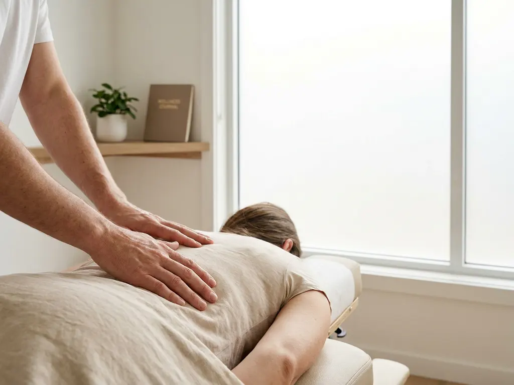 Chiropractor die de wervelkolom van een patiënt op een behandeltafel manipuleert, rustige klinische sfeer met natuurlijk raamlicht.