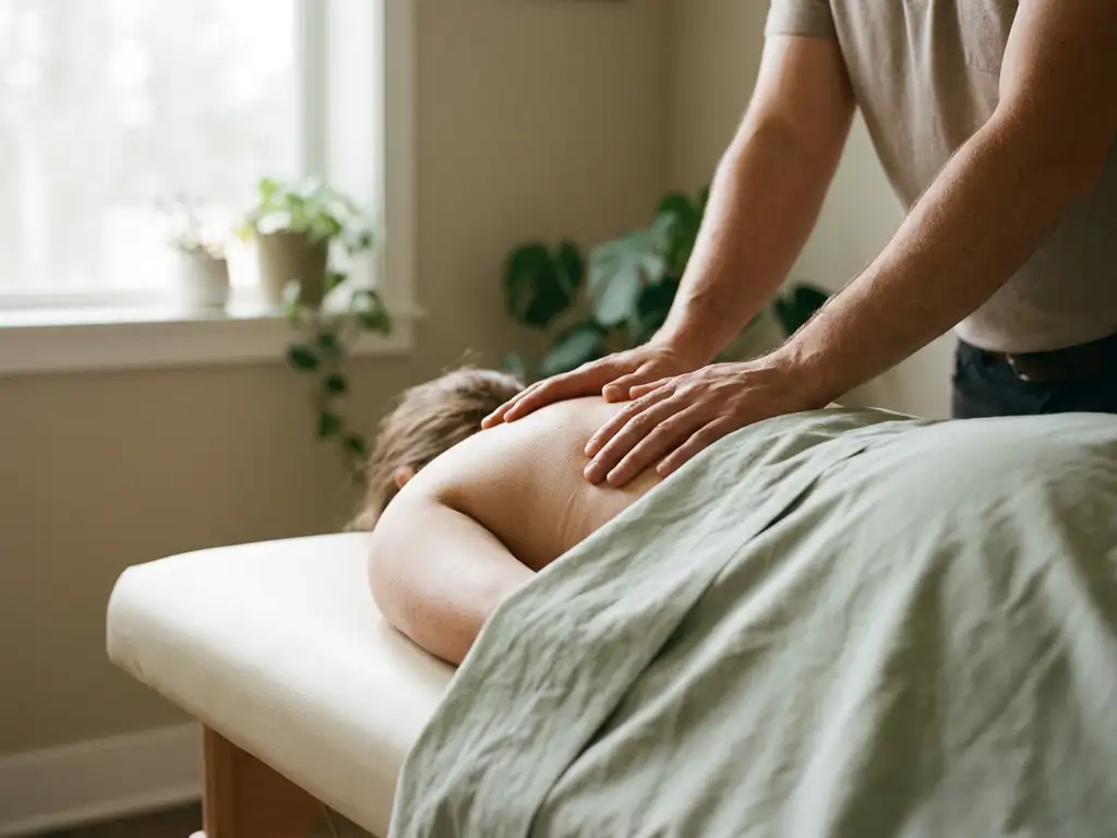 Chiropractor die een wervelkolomcorrectie uitvoert op een patiënt, close-up van handen op de bovenrug in een moderne behandelkamer.