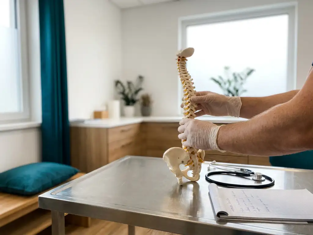 Chiropractor onderzoekt anatomisch wervelkolommodel op behandeltafel, met stethoscoop en notitieblok op de achtergrond.
