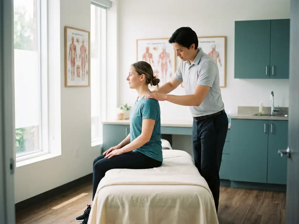 Chiropractor onderzoekt de wervelkolom van een zittende patiënt tijdens een intake, moderne praktijk met warm wit en zacht tint licht.