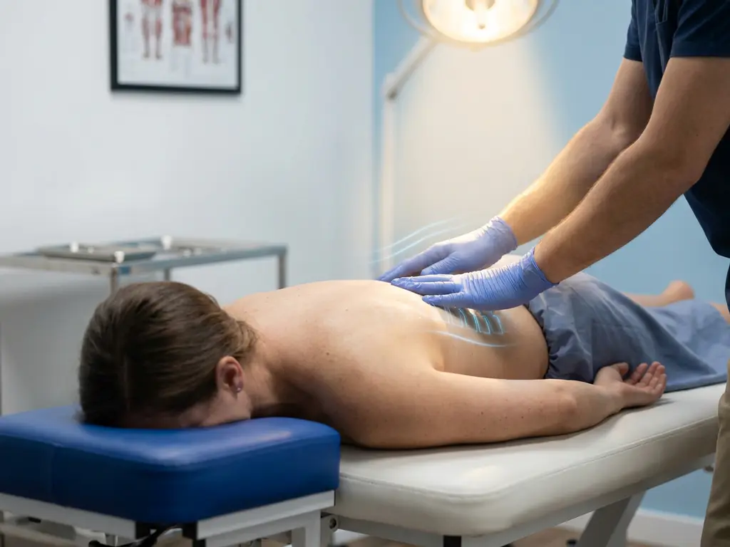 Chiropractor met handschoenen past spinale tractie toe op patiënt op behandeltafel in rustige klinische omgeving.