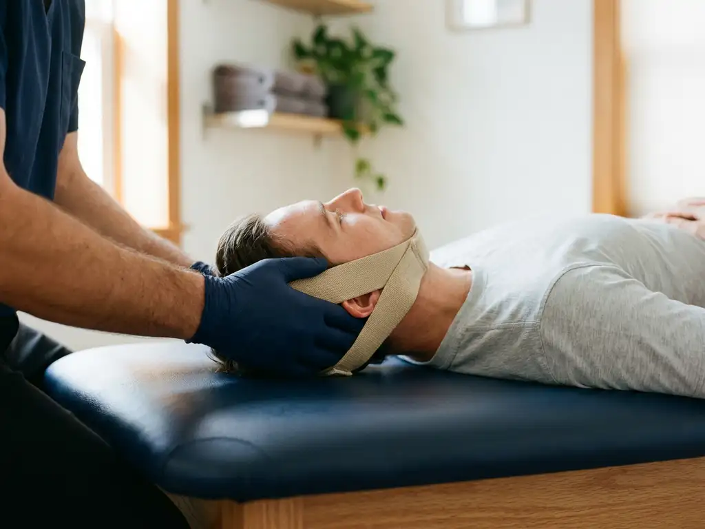 Chiropractor die een y-strap apparaat vasthoudt bij een patiënt op een behandeltafel tijdens een chiropractie behandeling.