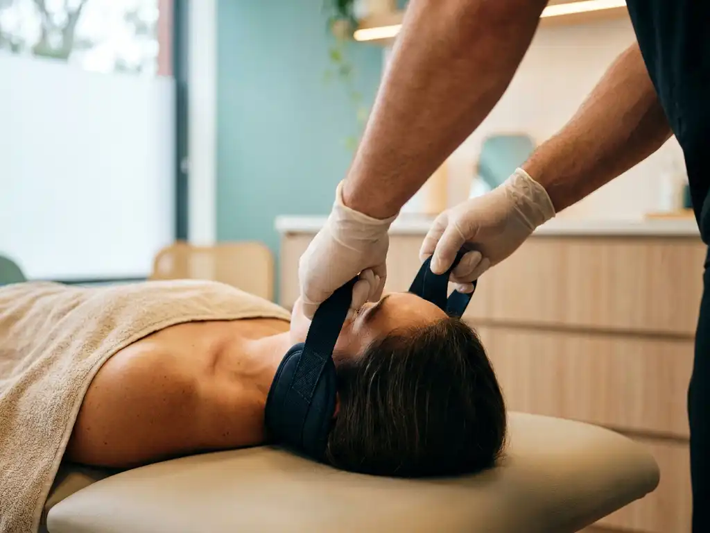 Chiropractor die een y-strap apparaat vasthoudt op een patiënt op een behandeltafel in een moderne chiropractie kliniek.
