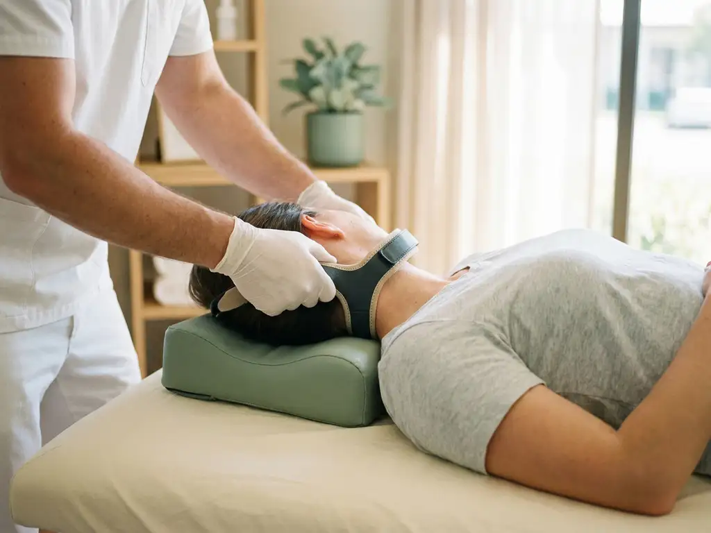 Chiropractor die een y-strap apparaat aanbrengt op de cervicale wervelkolom van een patiënt tijdens een behandeling.