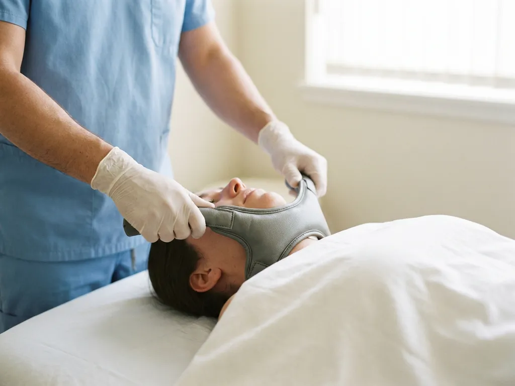 Chiropractor past y-strap tractie toe op de nek van een patiënt op een behandeltafel, klinische omgeving met zacht natuurlijk licht.
