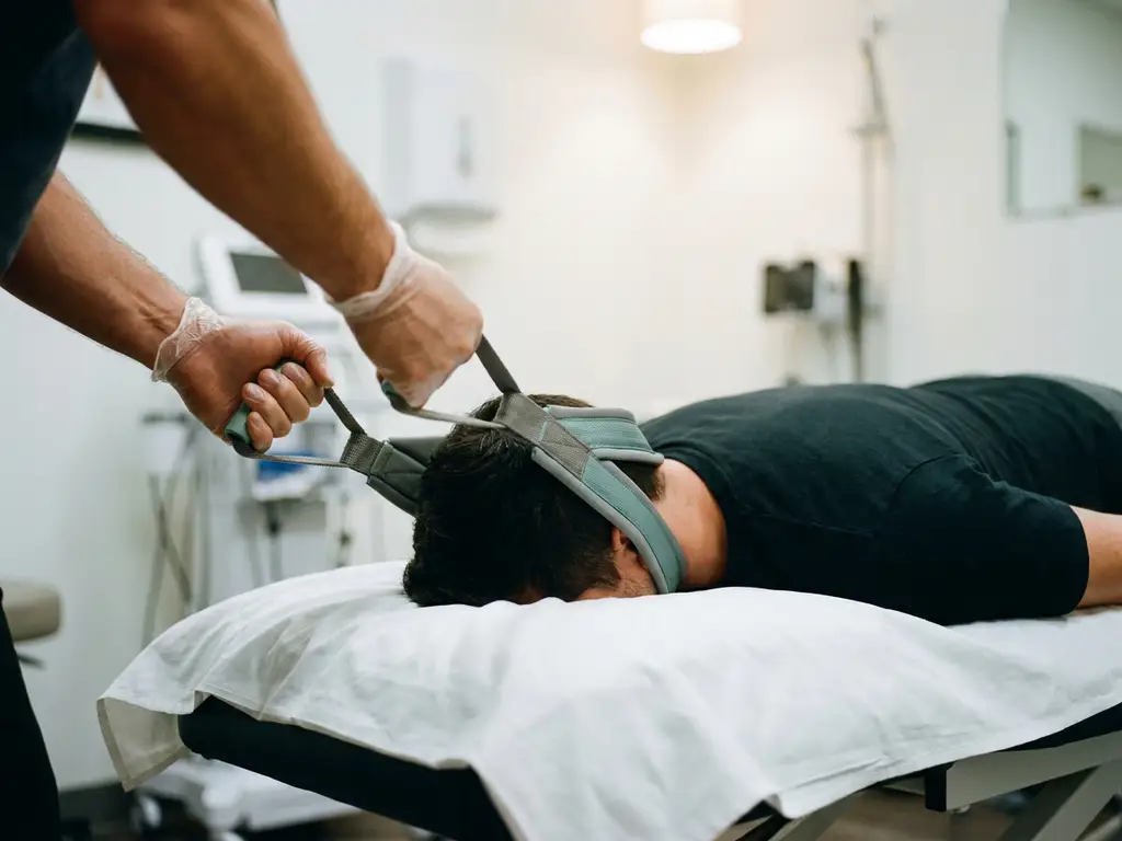 Chiropractor past y-strap toe op nekbasis van patiënt op behandeltafel voor cervicale tractie.